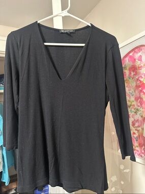 INC International Concepts Black V-Neck Ribbed Long Sleeve Top